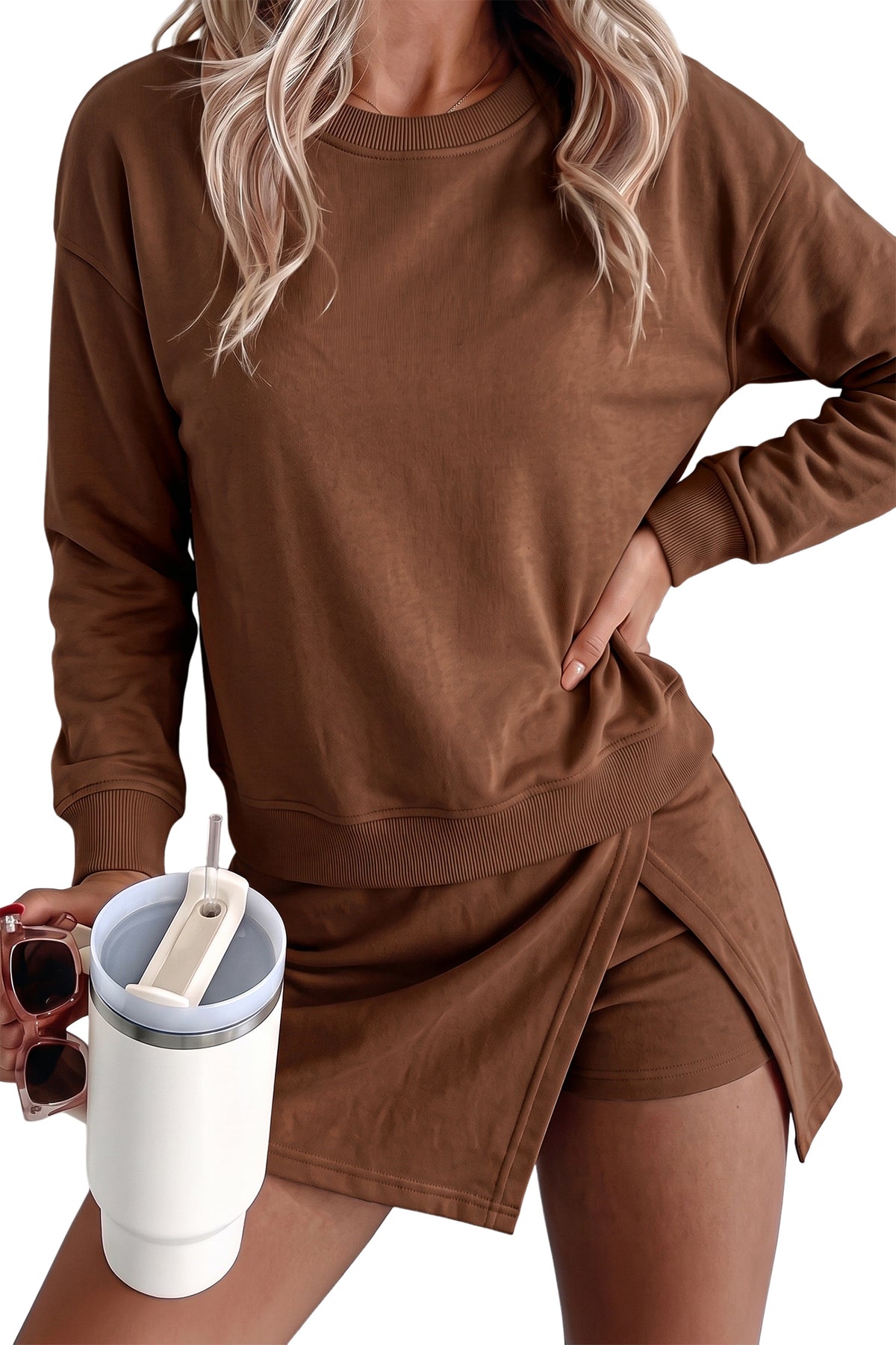 Coffee Solid Color Long Sleeve Top Split Skort 2pcs Outfit-Two Piece Sets/Two Piece Dresses-[Adult]-[Female]-2022 Online Blue Zone Planet