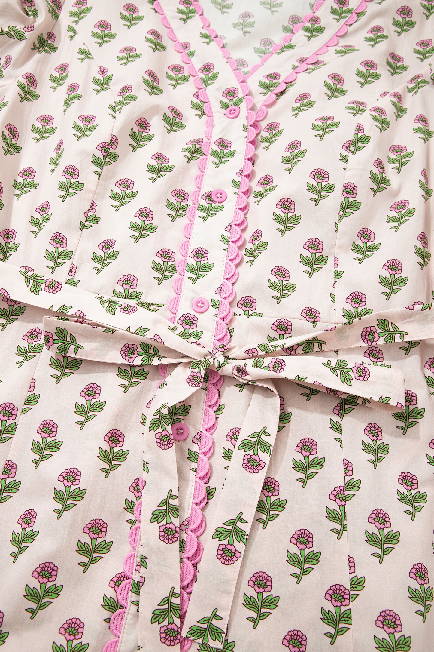Pink Floral Print V Neck Scallop Trim Button Front Short Sleeve Long Dress-TOPS / DRESSES-[Adult]-[Female]-2022 Online Blue Zone Planet