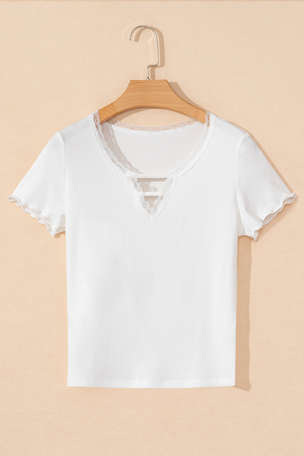 White Lace V Neckline Ribbed Slim Fit T Shirt-Tops/Tops & Tees-[Adult]-[Female]-2022 Online Blue Zone Planet
