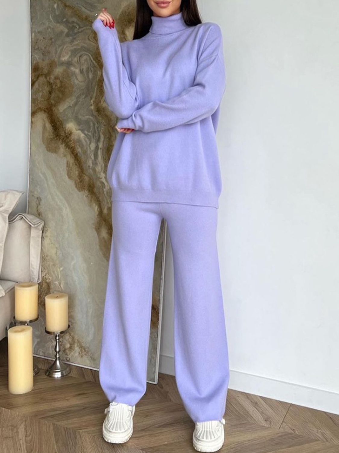 Turtleneck Long Sleeve Top and Drawstring Pants Sweater Set-TOPS / DRESSES-[Adult]-[Female]-Blue Purple-One Size-2022 Online Blue Zone Planet