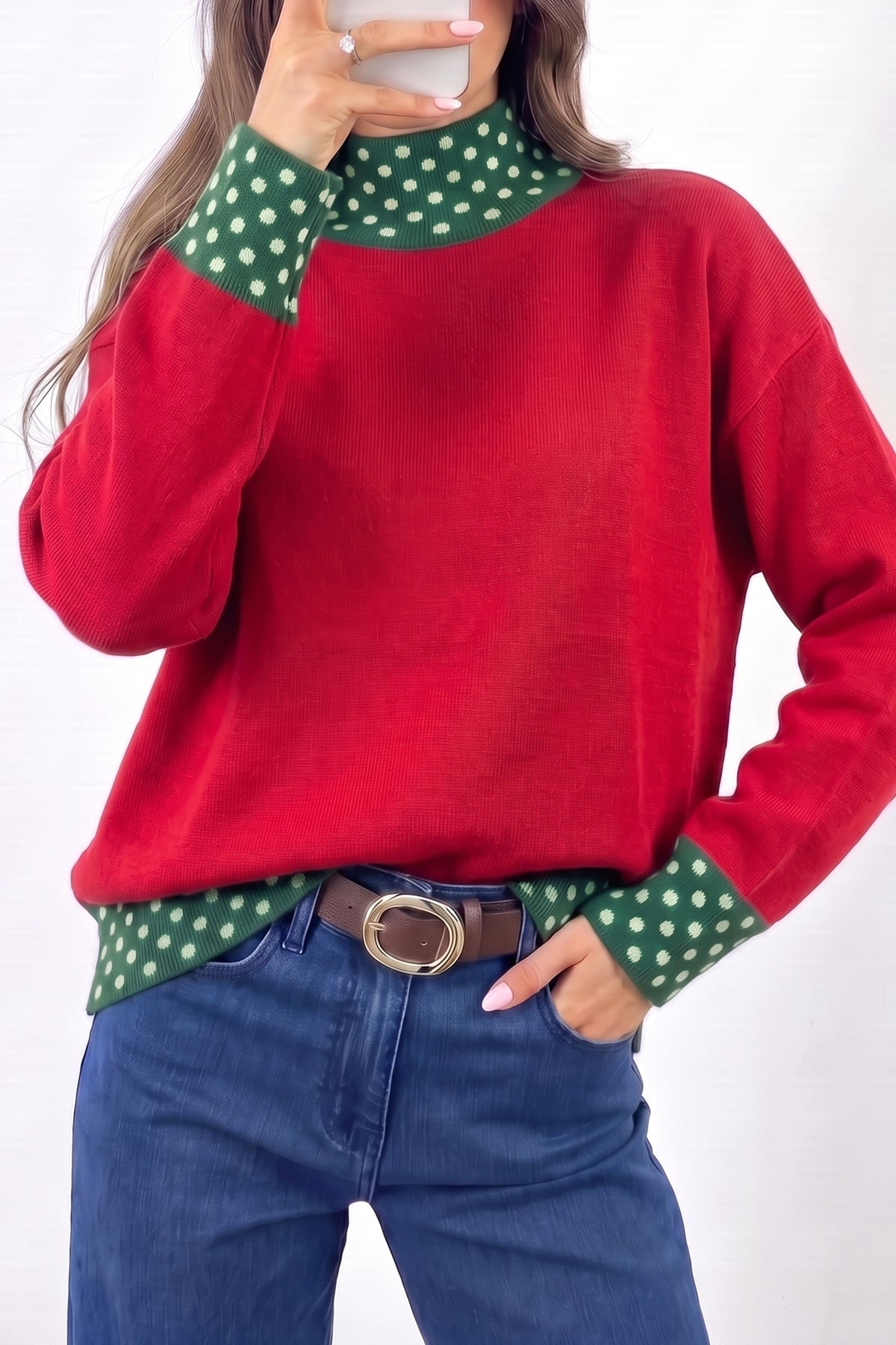 Fiery Red Polka Dot Contrast Mock Neck Sweater-TOPS / DRESSES-[Adult]-[Female]-Fiery Red-S-2022 Online Blue Zone Planet