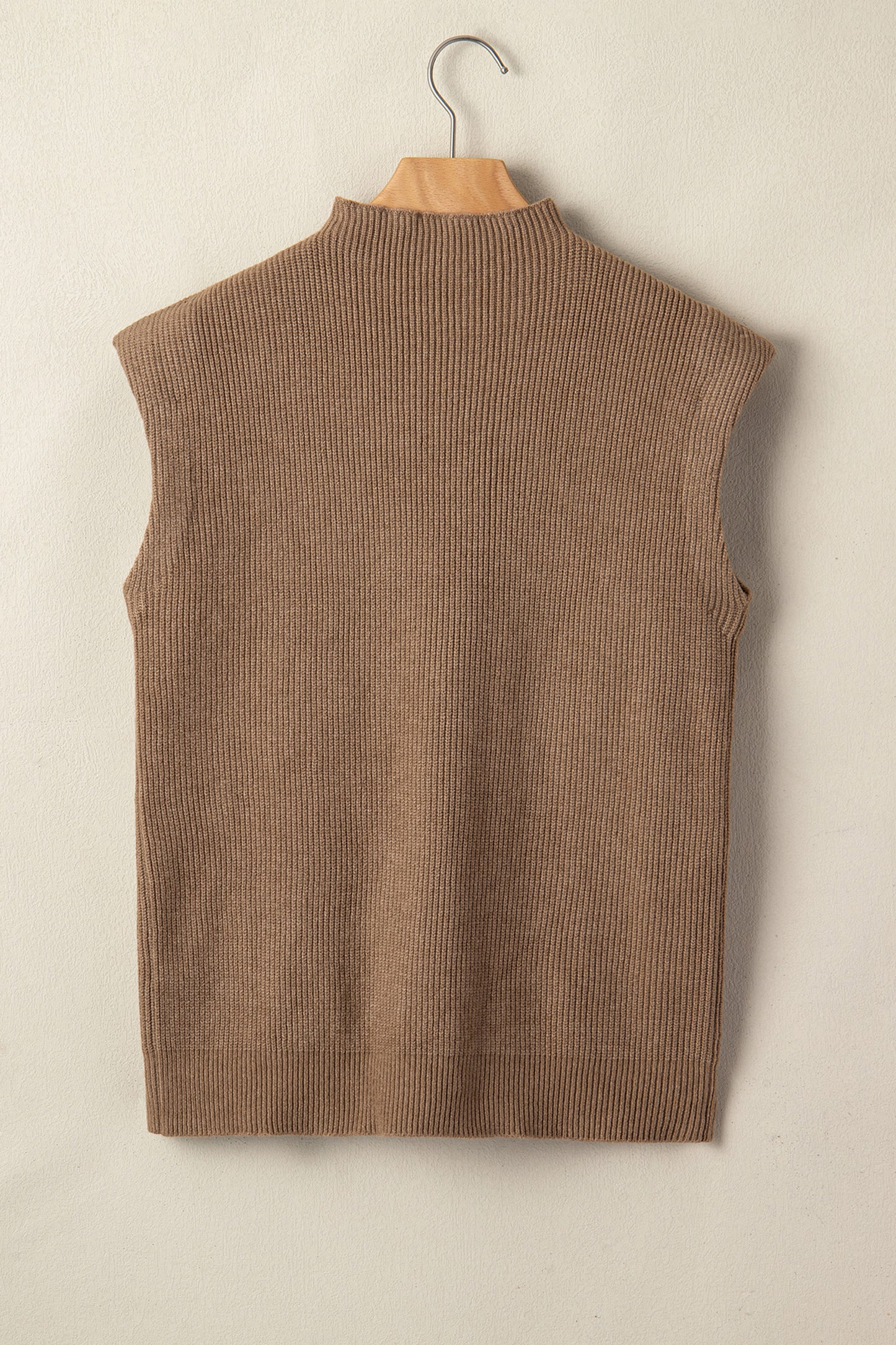 Light French Beige Solid Color Ribbed Knit Mock Neck Loose Sleeveless Sweater-TOPS / DRESSES-[Adult]-[Female]-2022 Online Blue Zone Planet
