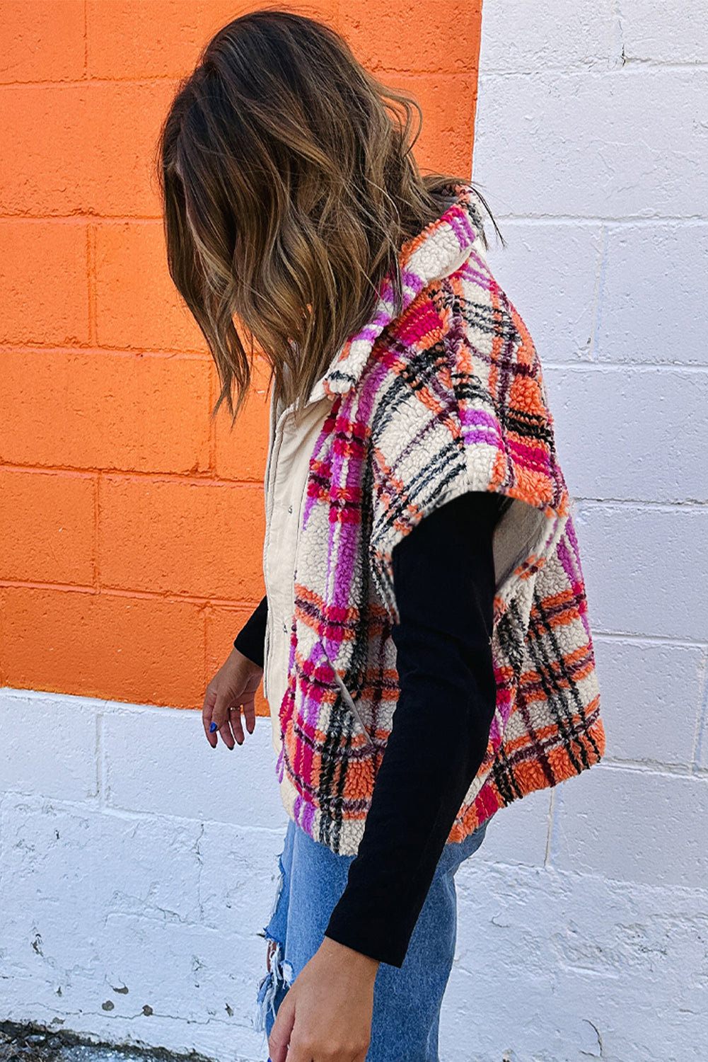 Rose Sherpa Plaid Jacket Vest-Outerwear/Vests-[Adult]-[Female]-2022 Online Blue Zone Planet