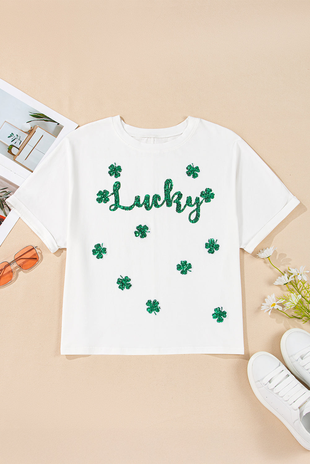 White St Patrick Lucky Clover Sequin Graphic T Shirt-T Shirts-[Adult]-[Female]-2022 Online Blue Zone Planet