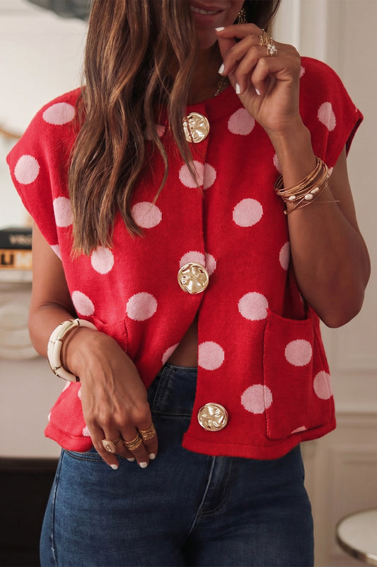 Red Polka Dot Sleeveless Knit Button Drop Shoulder Sweater Vest-TOPS / DRESSES-[Adult]-[Female]-2022 Online Blue Zone Planet