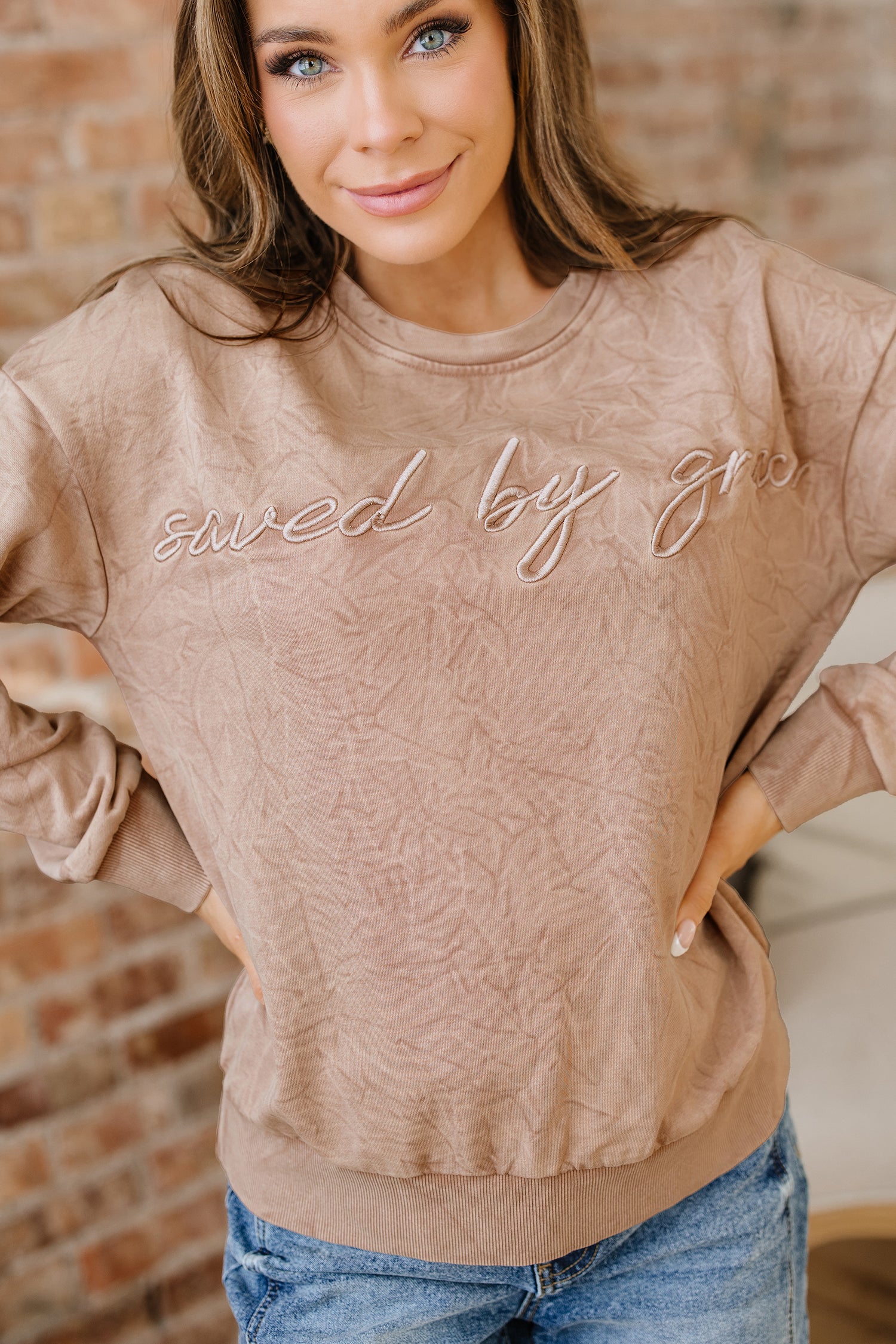 DUNE saved by grace Letter Embroidery Mineral Wash Loose Sweatshirt-Tops/Sweatshirts & Hoodies-[Adult]-[Female]-2022 Online Blue Zone Planet