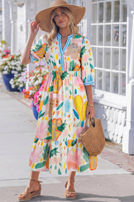 Multicolour Floral Doodle Print Striped Trim V Neck Midi Dress-TOPS / DRESSES-[Adult]-[Female]-Multicolour-S-2022 Online Blue Zone Planet