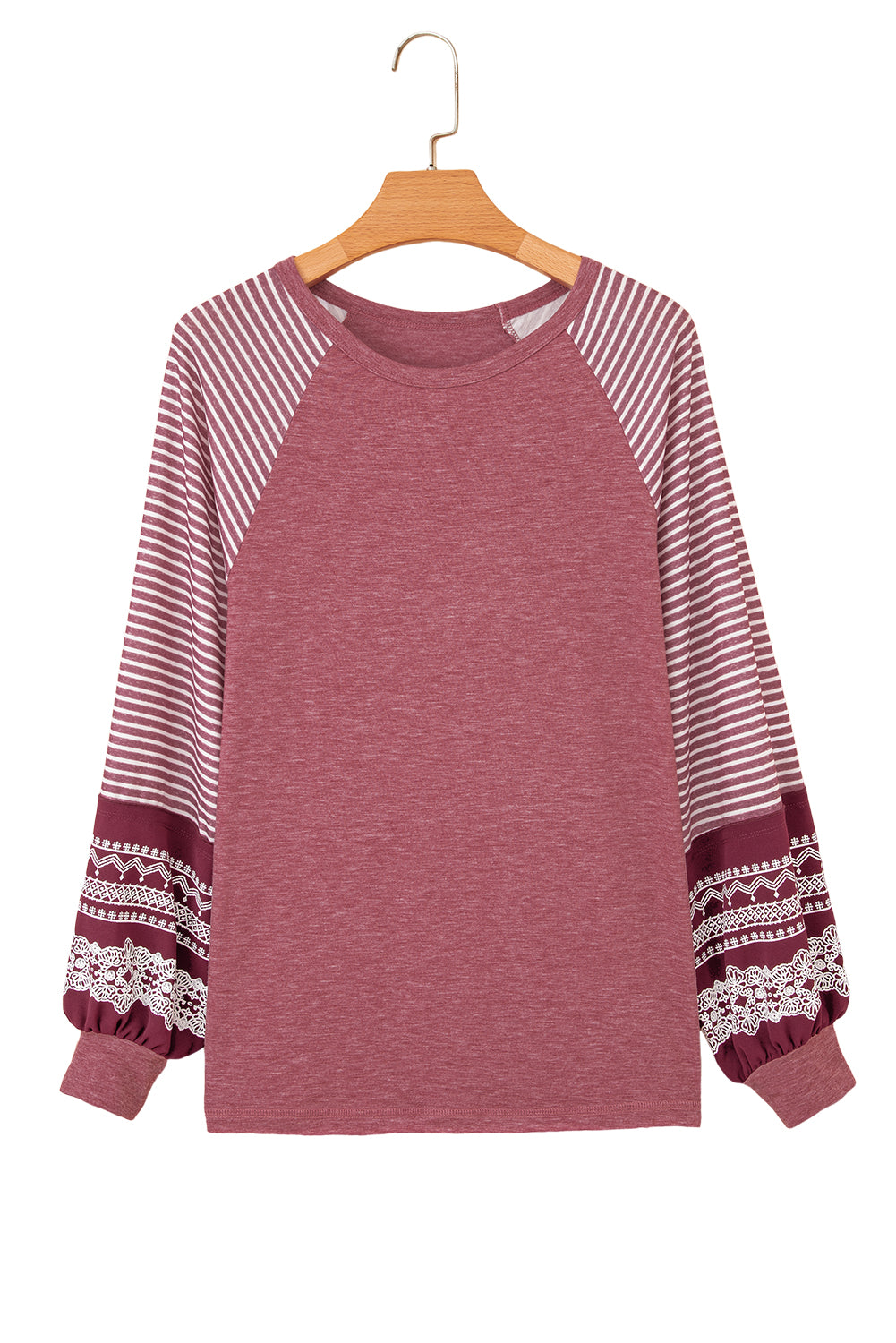 Mineral Red Contrast Print Striped Raglan Long Sleeve Loose Top-Tops/Long Sleeve Tops-[Adult]-[Female]-2022 Online Blue Zone Planet