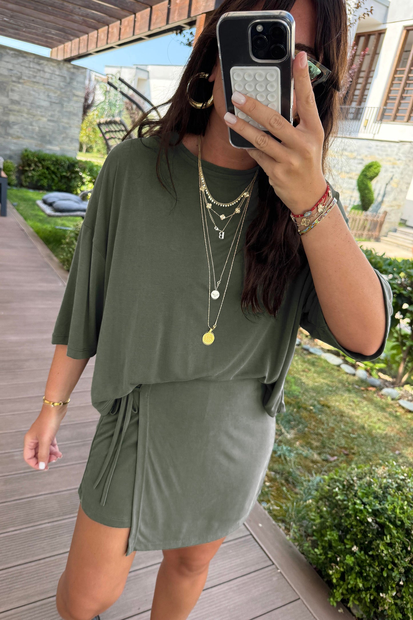 Laurel Green Solid Color Oversize Tee Tie Wrap Mini Skort 2pcs Set-Two Piece Sets/Two Piece Dresses-[Adult]-[Female]-2022 Online Blue Zone Planet