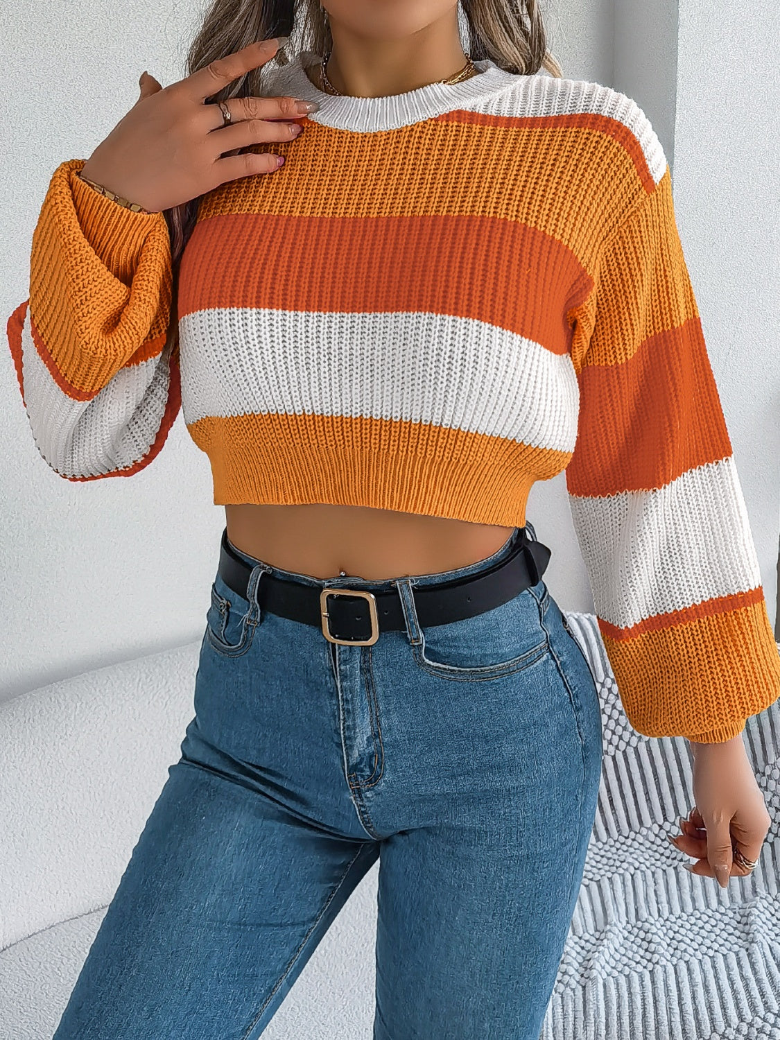 Color Block Round Neck Cropped Sweater-TOPS / DRESSES-[Adult]-[Female]-2022 Online Blue Zone Planet