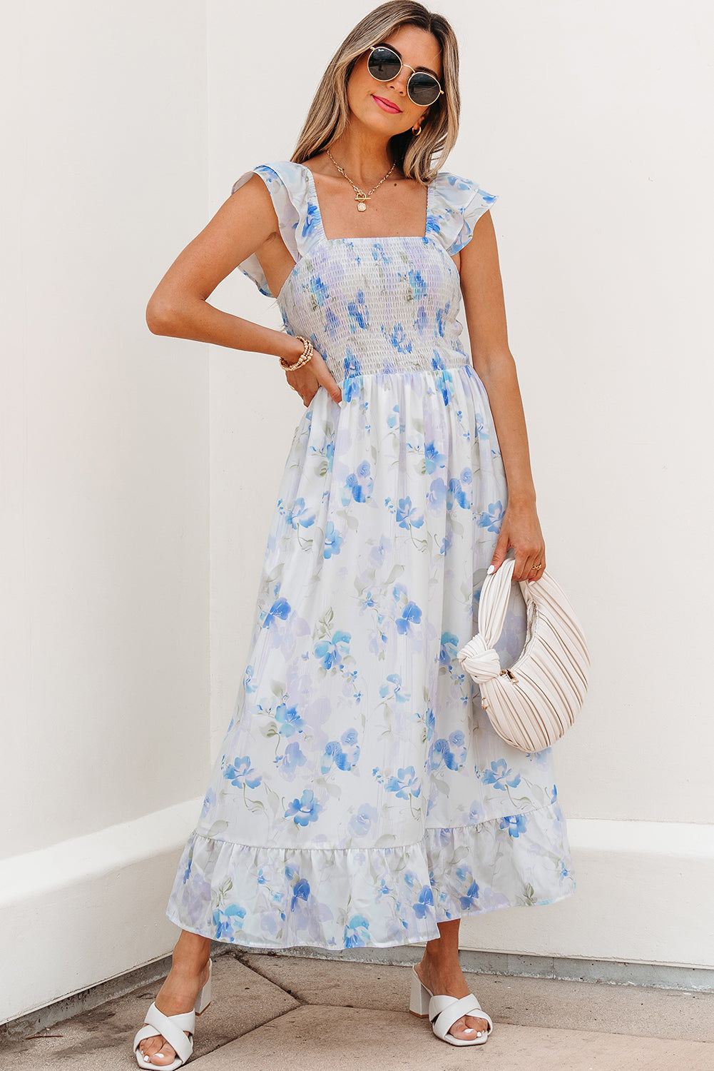 Sky Blue Floral Smocked High Waist Double Ruffle Sleeveless Long Dress-TOPS / DRESSES-[Adult]-[Female]-2022 Online Blue Zone Planet