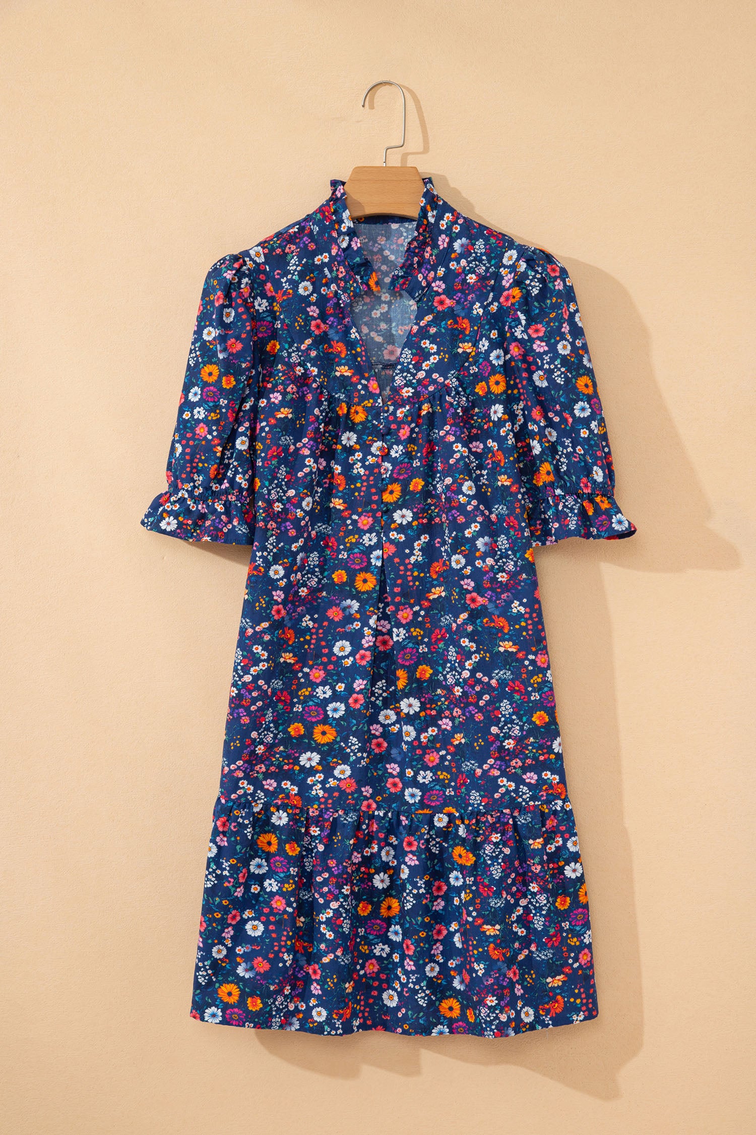 Blue Wild Daisy Floral Split Neck Short Puff Sleeve Mini Dress-TOPS / DRESSES-[Adult]-[Female]-2022 Online Blue Zone Planet
