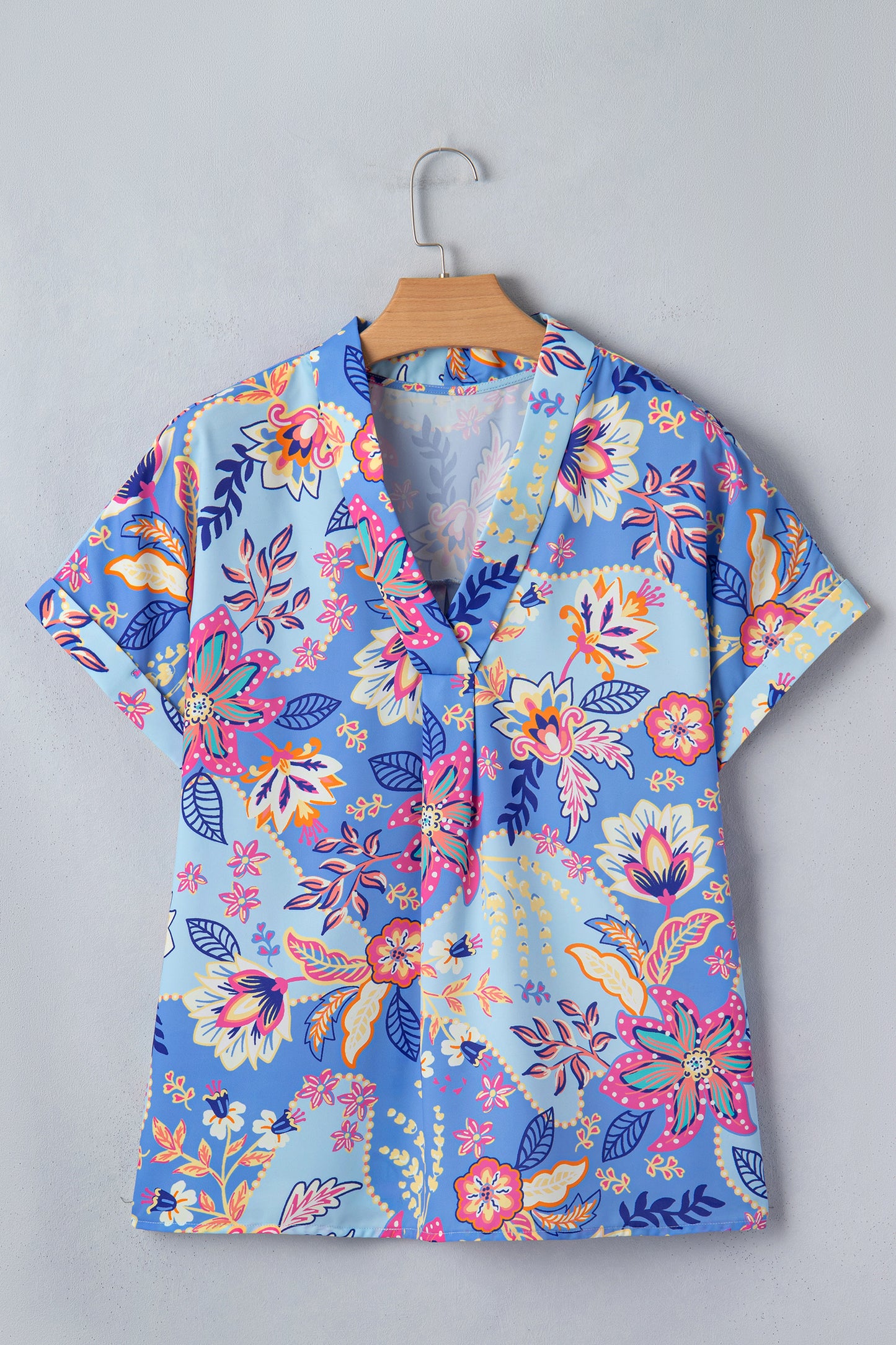 Purple Vacation Floral Print V Neck Short Sleeve Blouse-Tops/Blouses & Shirts-[Adult]-[Female]-Purple-S-2022 Online Blue Zone Planet