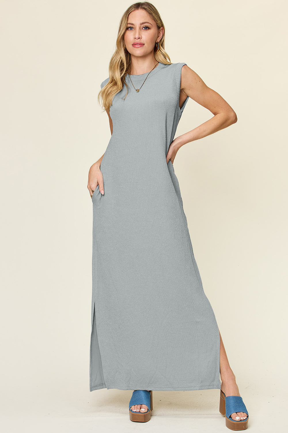 Double Take Full Size Texture Mock Neck Sleeveless Maxi Dress-TOPS / DRESSES-[Adult]-[Female]-Cloudy Blue-S-2022 Online Blue Zone Planet