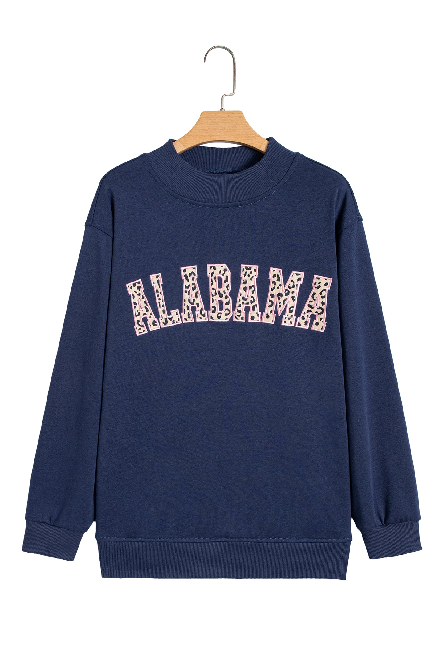 Dirty blue Embroidered Leopard Alabama High Neck Long Sleeve Tunic Sweatshirt-Tops/Sweatshirts & Hoodies-[Adult]-[Female]-2022 Online Blue Zone Planet