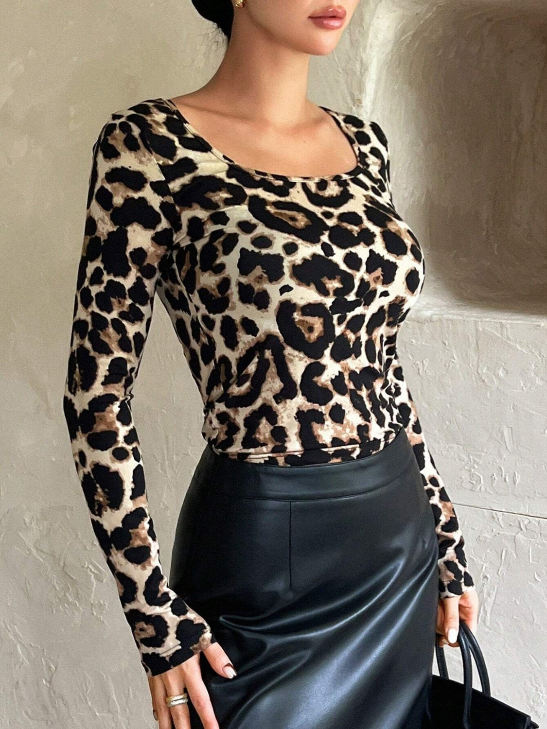 Leopard Scoop Neck Long Sleeve T-Shirt-TOPS / DRESSES-[Adult]-[Female]-2022 Online Blue Zone Planet