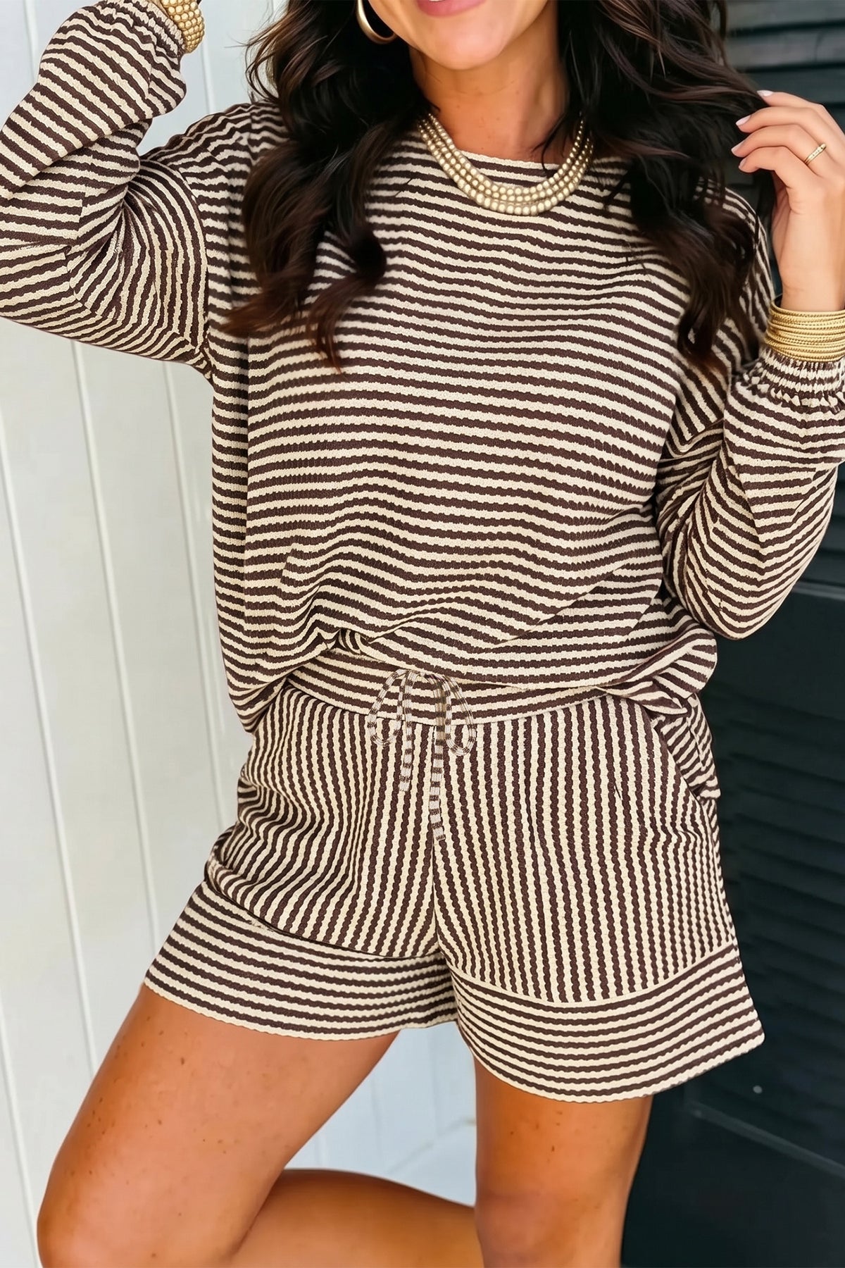 Brown Stripe Textured Knit Long Sleeve Top Elastic Waist Shorts Casual Outfit