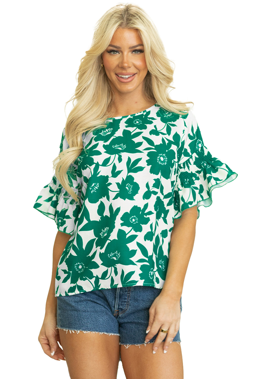 Green Floral Printed Ruffled Short Sleeve Round Neck Loose Blouse-Tops/Blouses & Shirts-[Adult]-[Female]-2022 Online Blue Zone Planet