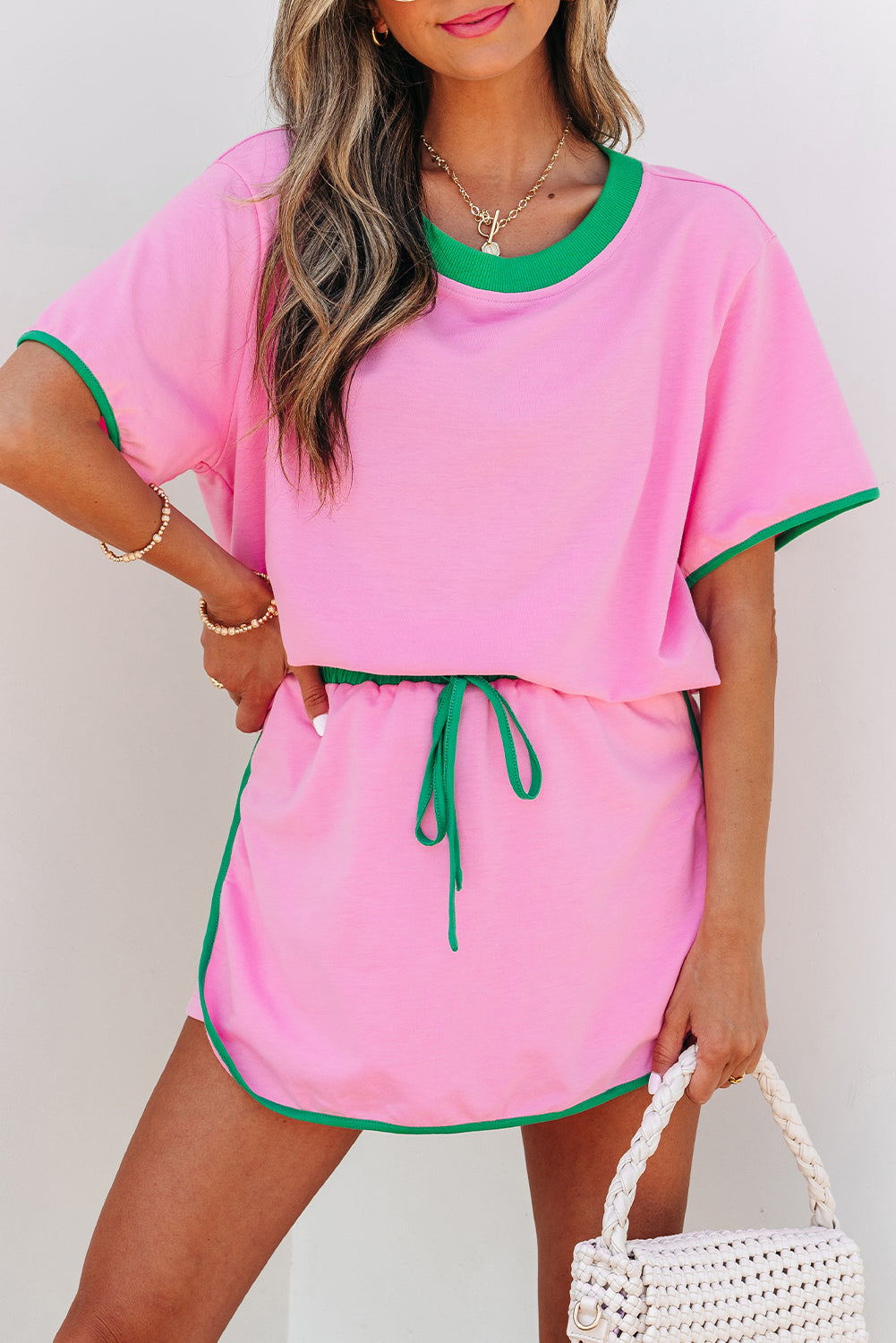 Bonbon Colorblock Edge Drop Shoulder T Shirt and Skort 2Pcs Set-Two Piece Sets/Short Sets-[Adult]-[Female]-2022 Online Blue Zone Planet