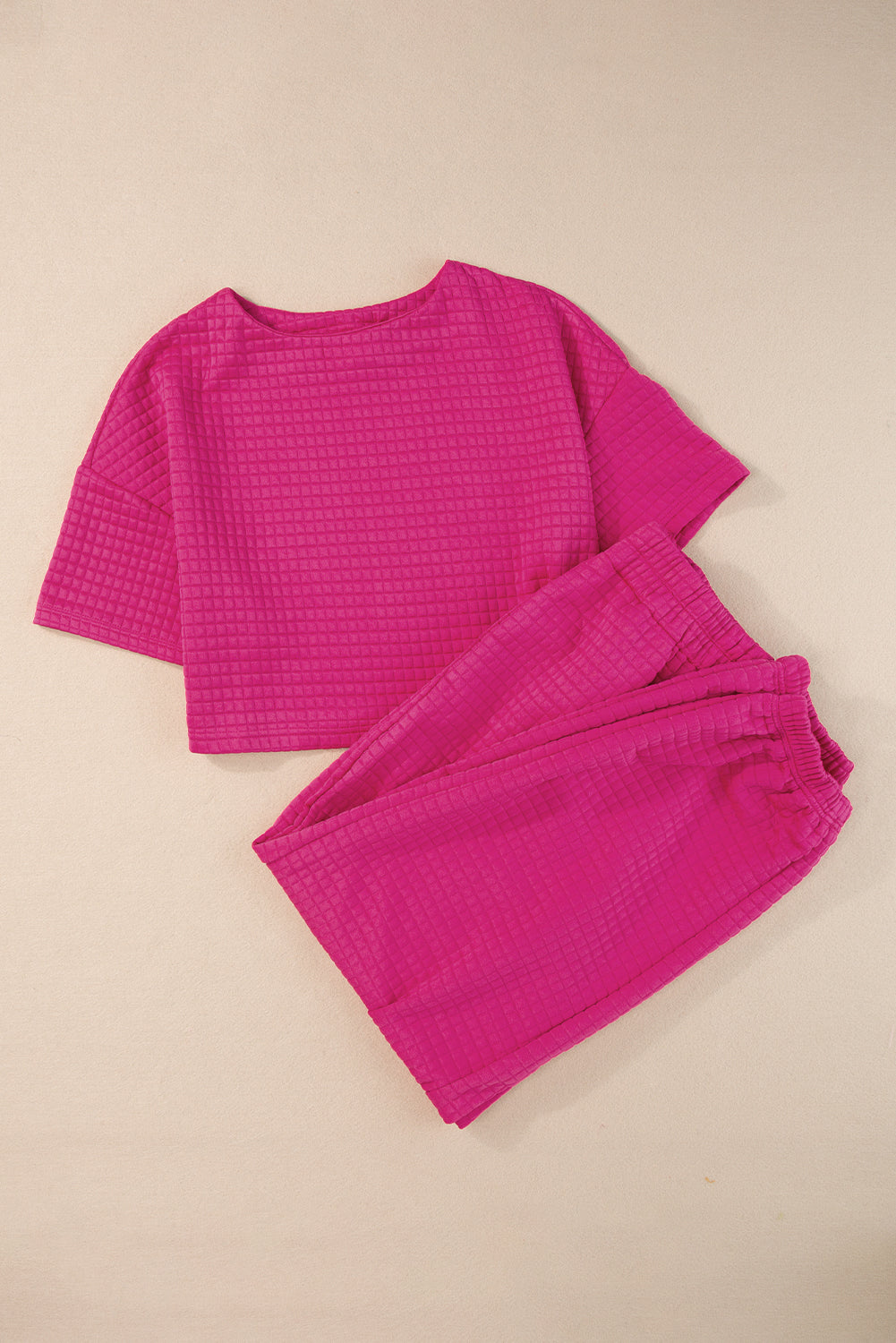 Blue Zone Planet |  Rose Red Lattice Textured Cropped Tee and Jogger Pants Set Blue Zone Planet