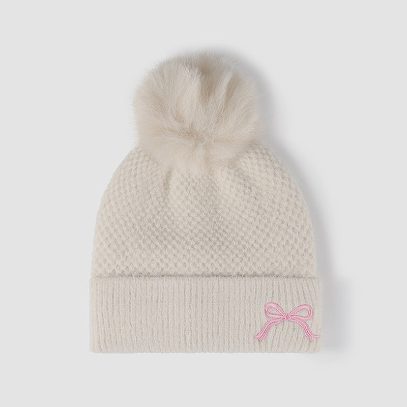 Thermal Bow Knit Hat with Pompom-HATS-[Adult]-[Female]-Beige-One Size-2022 Online Blue Zone Planet