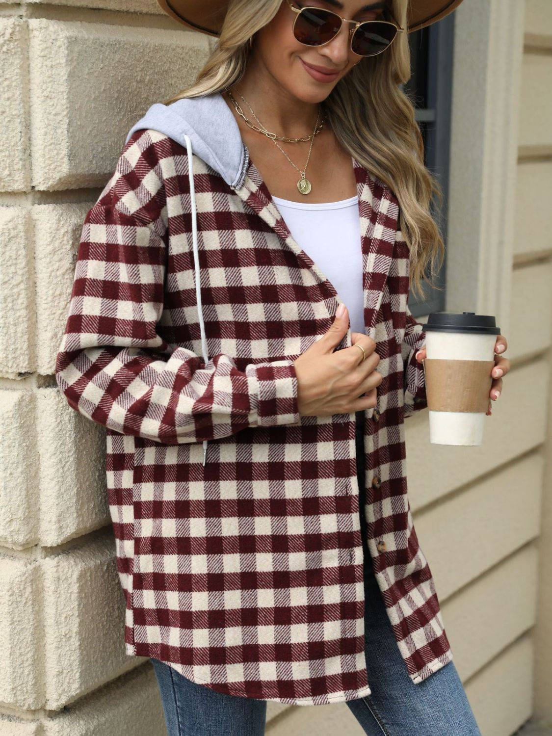 Drawstring Plaid Long Sleeve Hooded Jacket-TOPS / DRESSES-[Adult]-[Female]-2022 Online Blue Zone Planet