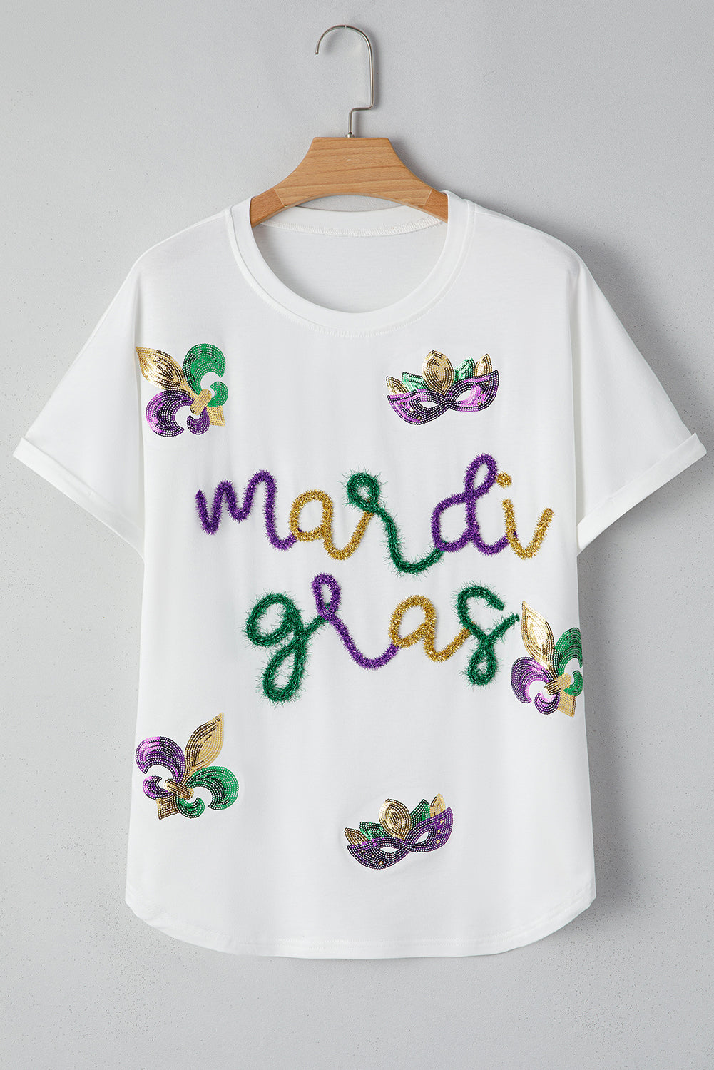 White Mardi Gras Tinsel Sequin Graphic T Shirt-Graphic/Graphic Tees-[Adult]-[Female]-2022 Online Blue Zone Planet