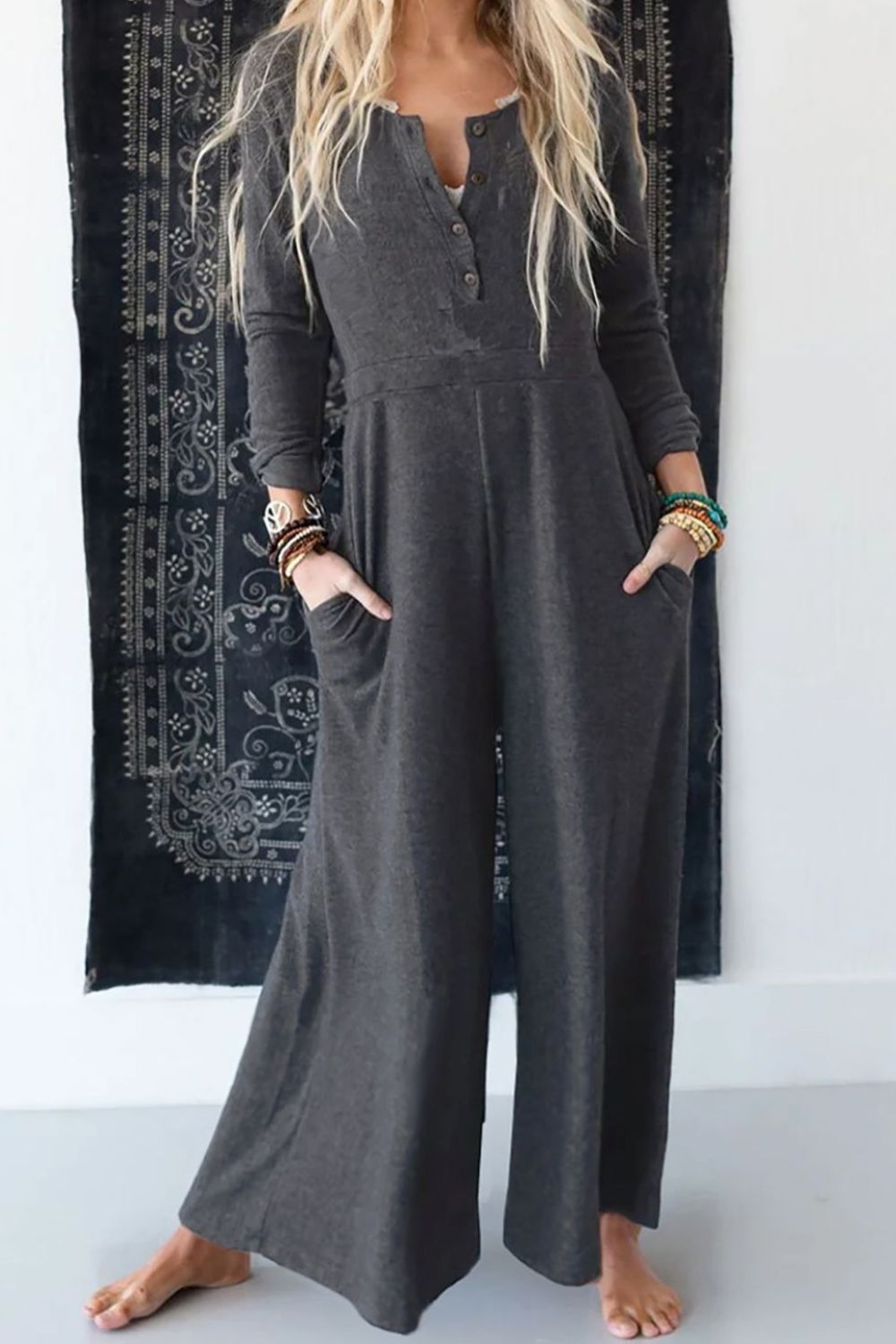 Pocketed Long Sleeve Wide Leg Jumpsuit-TOPS / DRESSES-[Adult]-[Female]-Dark Gray-S-2022 Online Blue Zone Planet