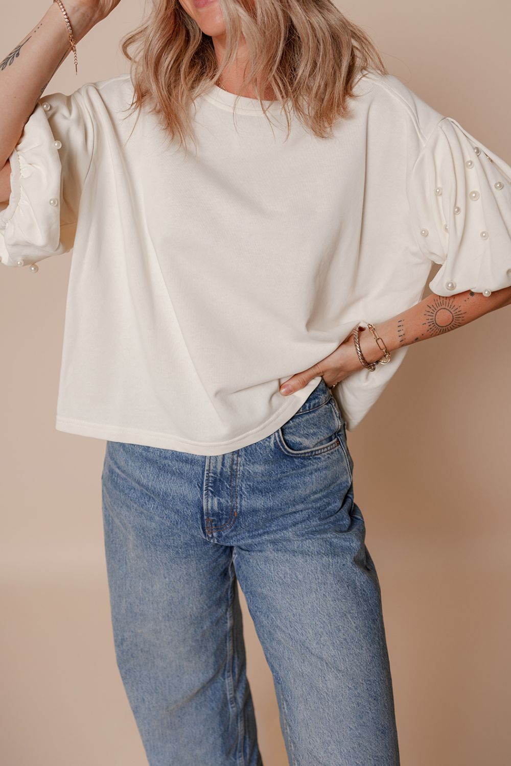 Pearl Detail Round Neck Half Sleeve Blouse-TOPS / DRESSES-[Adult]-[Female]-2022 Online Blue Zone Planet