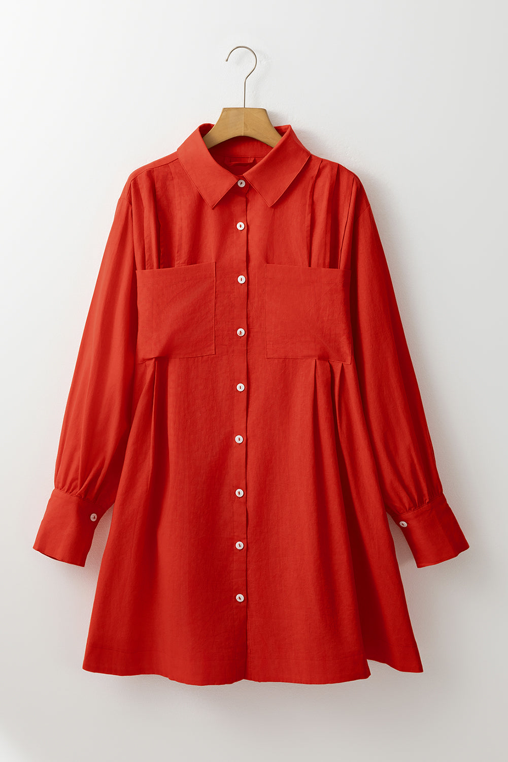 Tomato Red Bishop Sleeve Button Up Pleated Mini Shirt Dress-Dresses/Mini Dresses-[Adult]-[Female]-2022 Online Blue Zone Planet