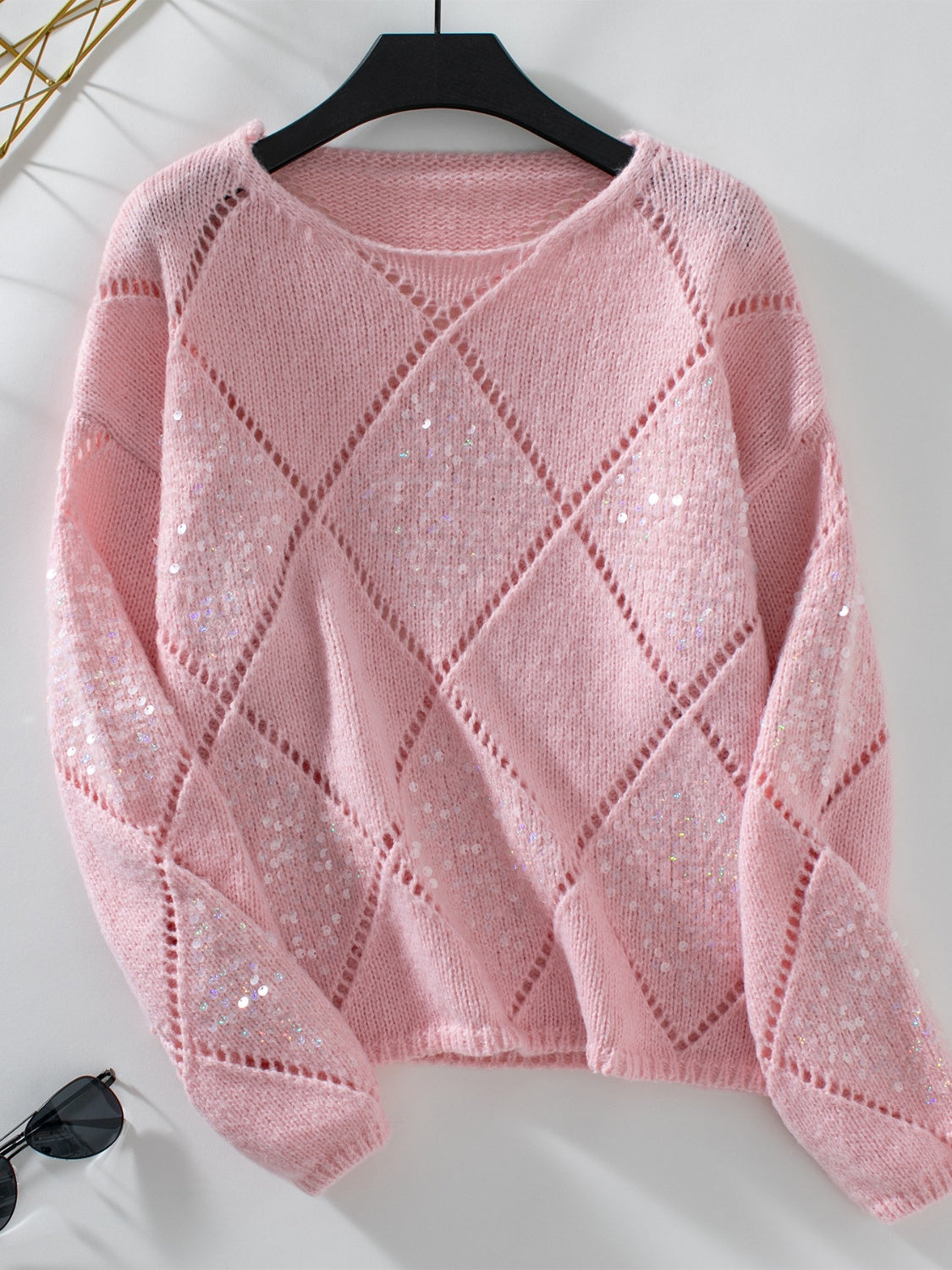 Openwork Round Neck Long Sleeve Knit Top-TOPS / DRESSES-[Adult]-[Female]-Dusty Pink-S-2022 Online Blue Zone Planet