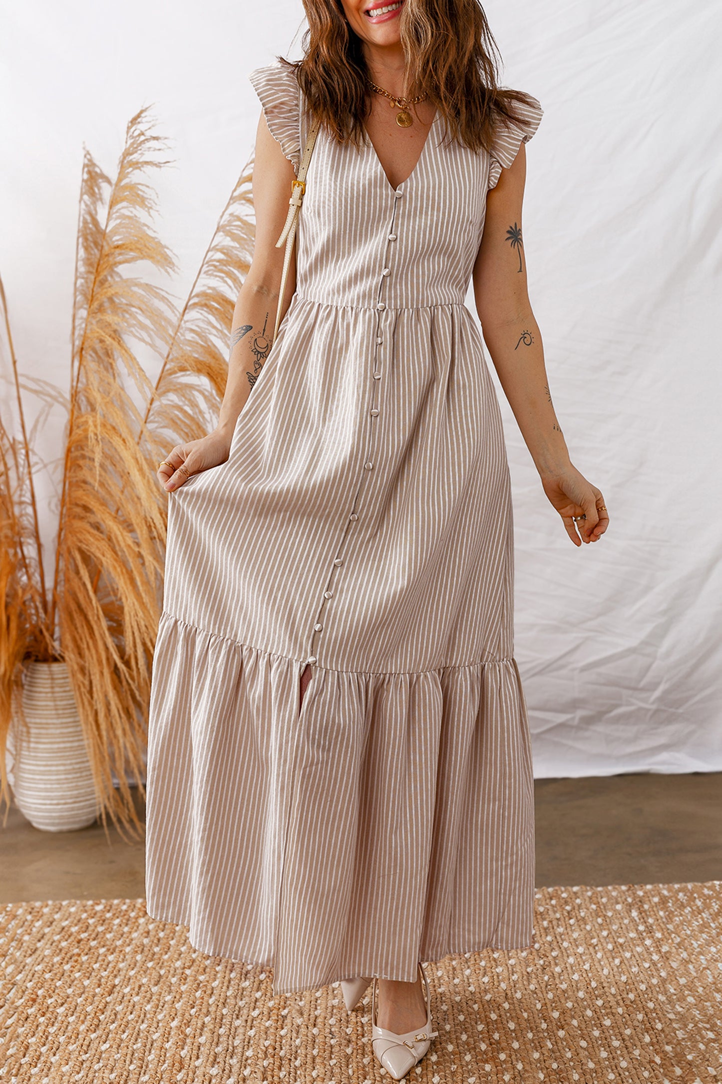 Khaki Stripe Flutter Sleeve Buttoned Front Slit Maxi Dress-TOPS / DRESSES-[Adult]-[Female]-2022 Online Blue Zone Planet