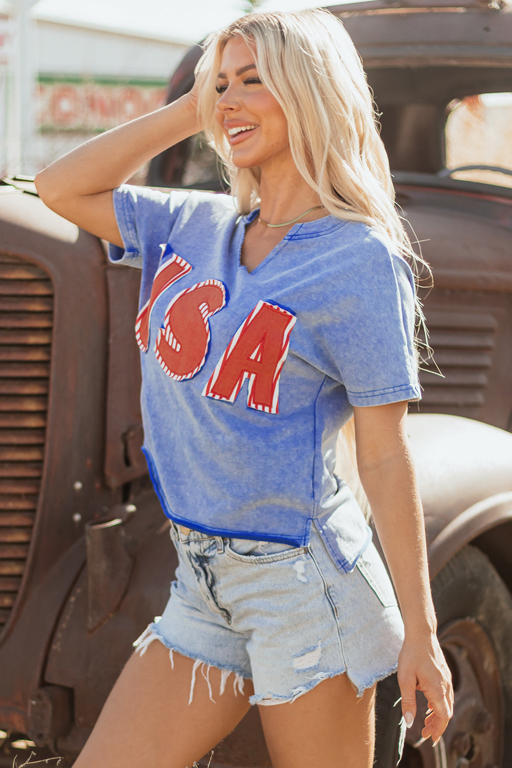 Sky Blue USA Patch Mineral Wash Notch V Neck Vintage Graphic T Shirt-Graphic/Graphic Tees-[Adult]-[Female]-2022 Online Blue Zone Planet