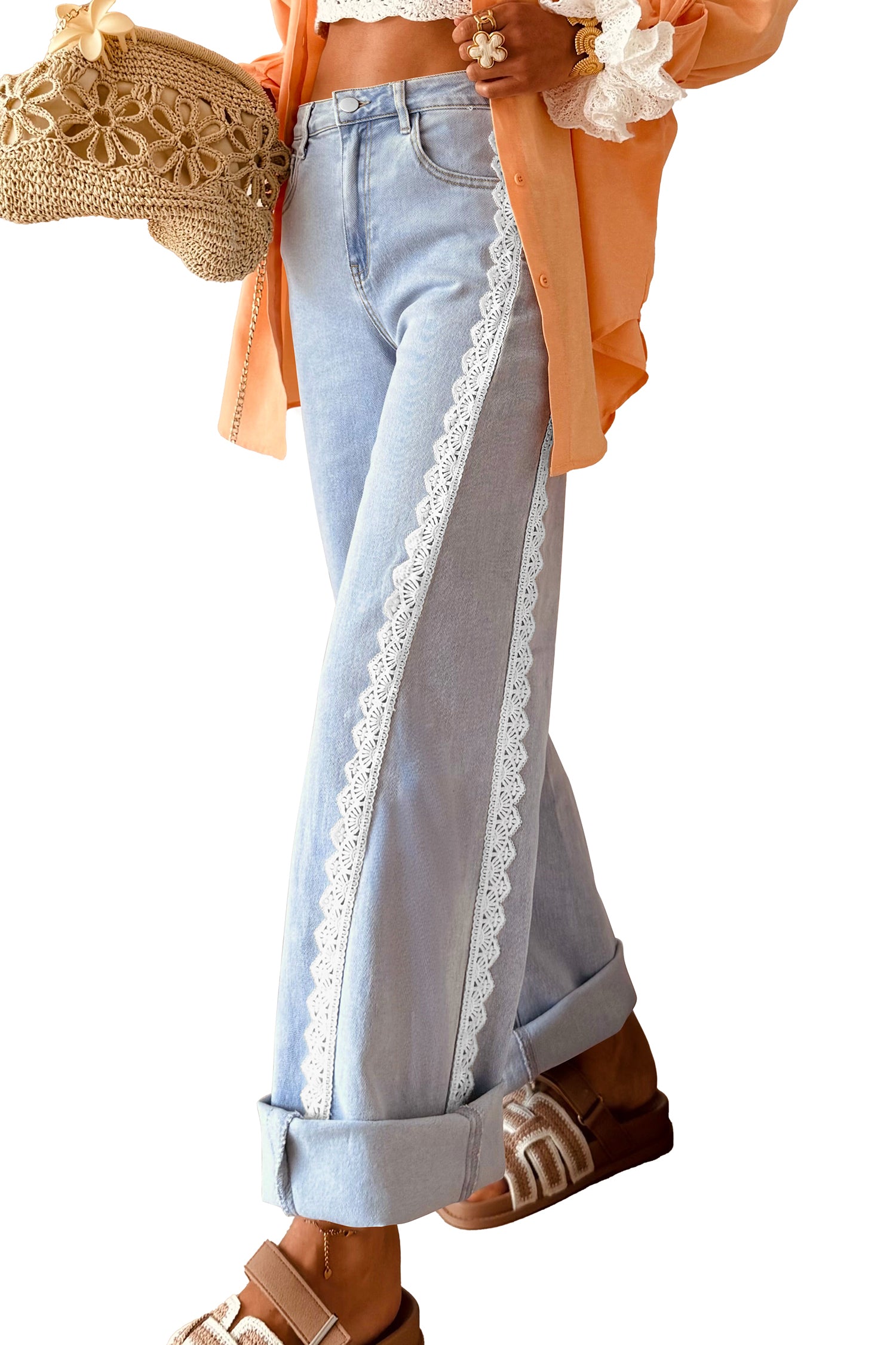 Beau Blue Lace Trim Casual Full-Length Regular Fit Jeans-Bottoms/Jeans-[Adult]-[Female]-2022 Online Blue Zone Planet