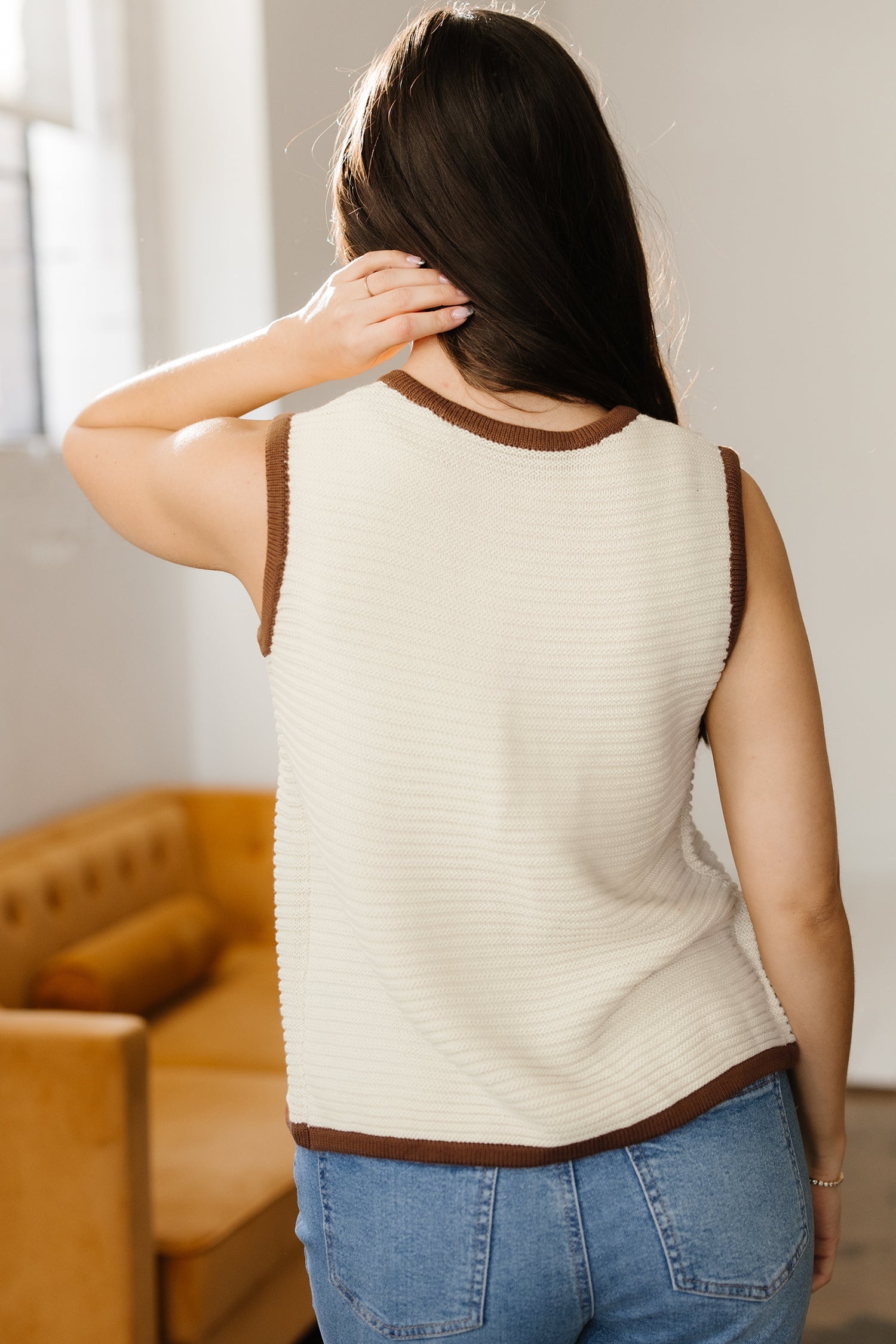 White Horizontal Ribbed Knit Contrast Trim Ties Front Sweater Vest-TOPS / DRESSES-[Adult]-[Female]-2022 Online Blue Zone Planet