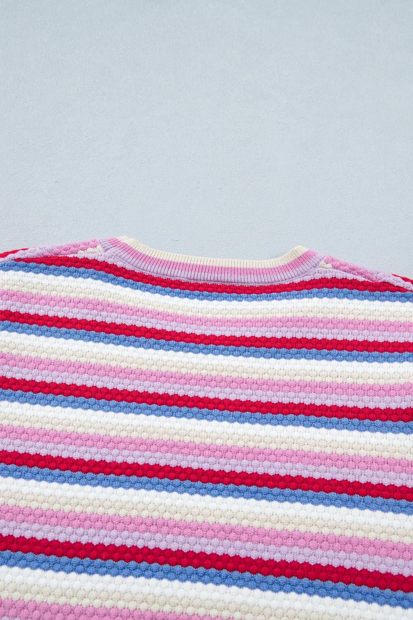 Multicolour Textured Stripes Knit Short Sleeve Sweater-Sweaters & Cardigans/Short Sleeve Sweaters-[Adult]-[Female]-2022 Online Blue Zone Planet