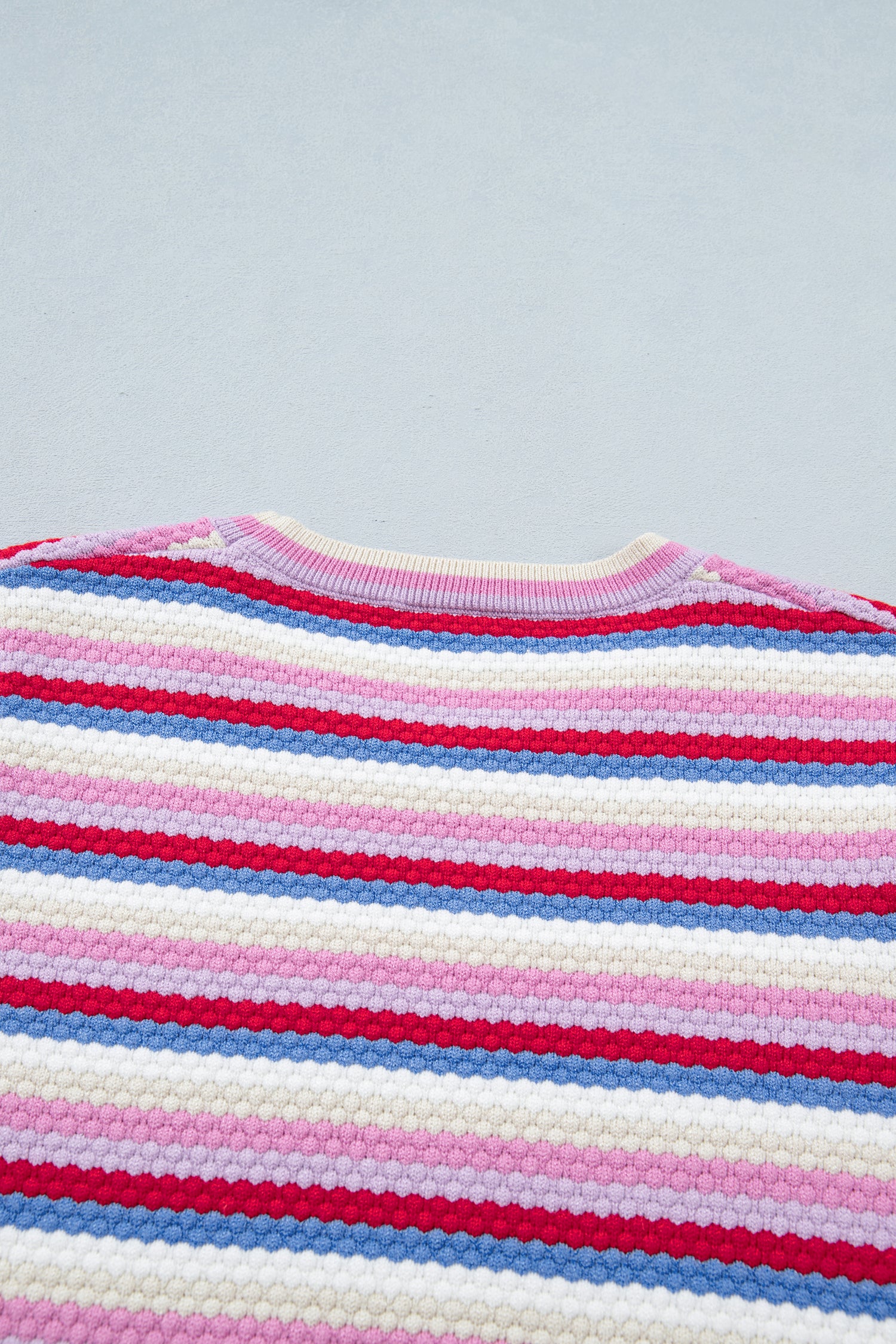Multicolour Textured Stripes Knit Short Sleeve Sweater-Sweaters & Cardigans/Short Sleeve Sweaters-[Adult]-[Female]-2022 Online Blue Zone Planet