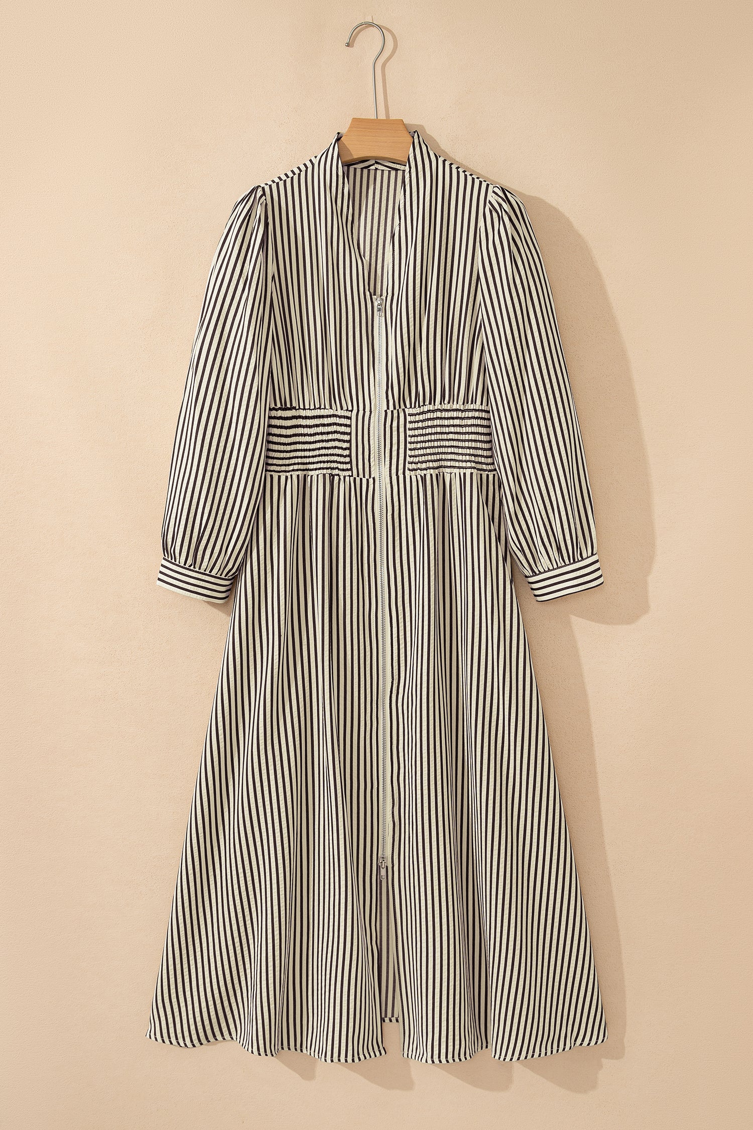 Black Stripe V Neck Zip Front Cinched High Waist Midi Dress-TOPS / DRESSES-[Adult]-[Female]-2022 Online Blue Zone Planet