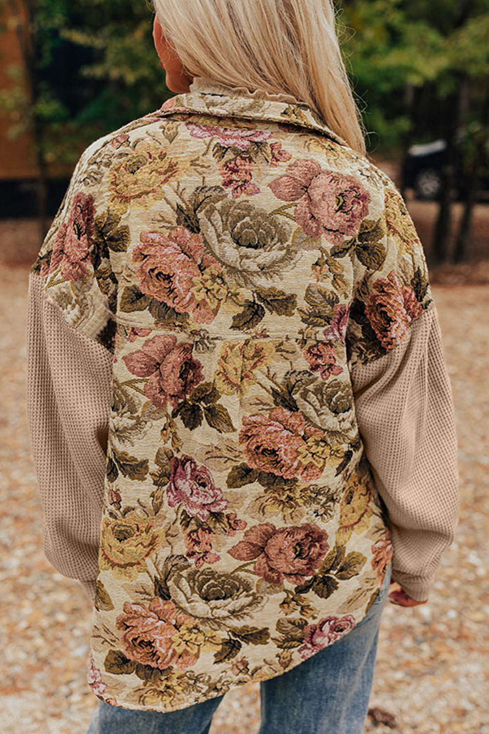 Khaki Floral Waffle Knit Patchwork Chest Pockets Buttoned Jacket-Outerwear/Jackets-[Adult]-[Female]-2022 Online Blue Zone Planet