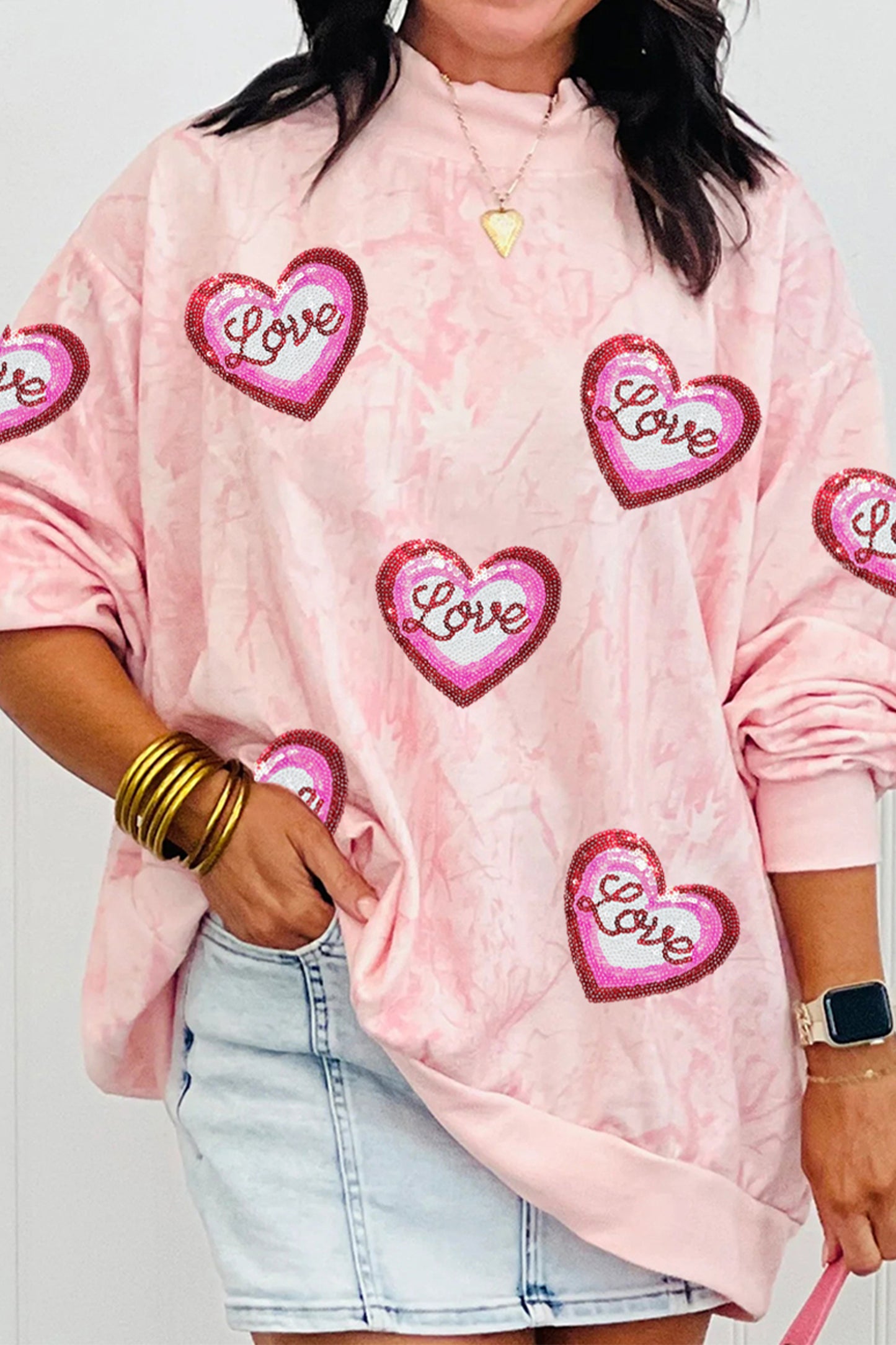 Pink Tie Dye Camo Sequin Love Heart Patched Mock Neck Sweatshirt-Graphic Sweatshirts-[Adult]-[Female]-2022 Online Blue Zone Planet