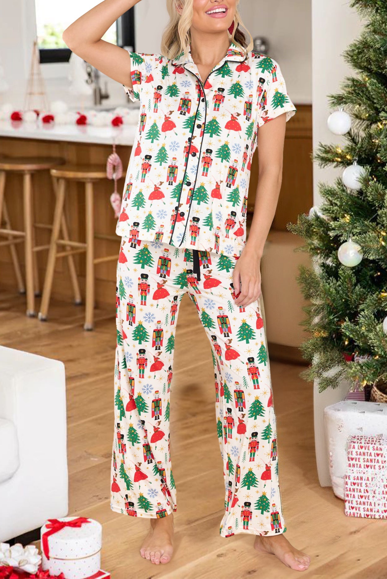 White Printed Christmas Pattern Buttoned Two Piece Sleepwear-Loungewear & Sleepwear/Sleepwear-[Adult]-[Female]-White Printed-S-2022 Online Blue Zone Planet