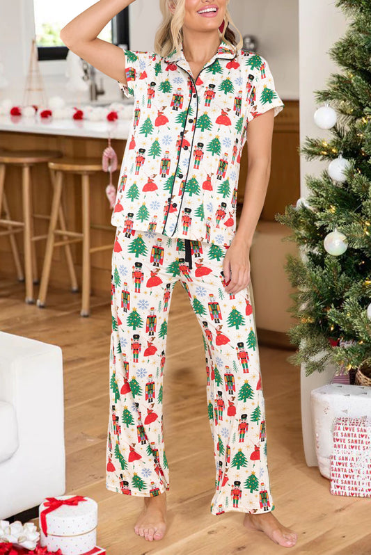 White Printed Christmas Pattern Buttoned Two Piece Sleepwear-Loungewear & Sleepwear/Sleepwear-[Adult]-[Female]-White Printed-S-2022 Online Blue Zone Planet