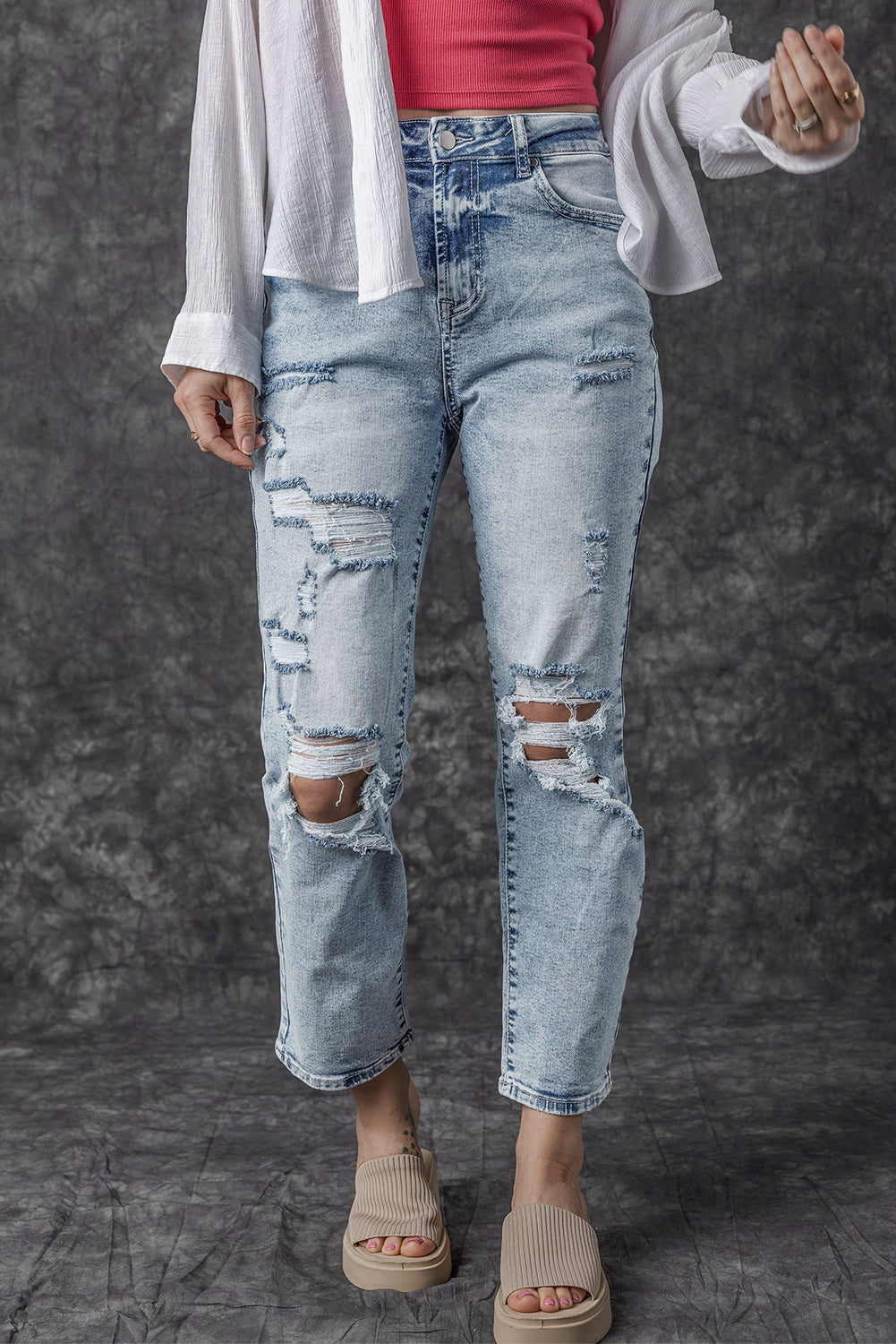 Sky Blue Light Wash Frayed Slim Fit High Waist Jeans-Bottoms/Jeans-[Adult]-[Female]-Sky Blue-6-2022 Online Blue Zone Planet