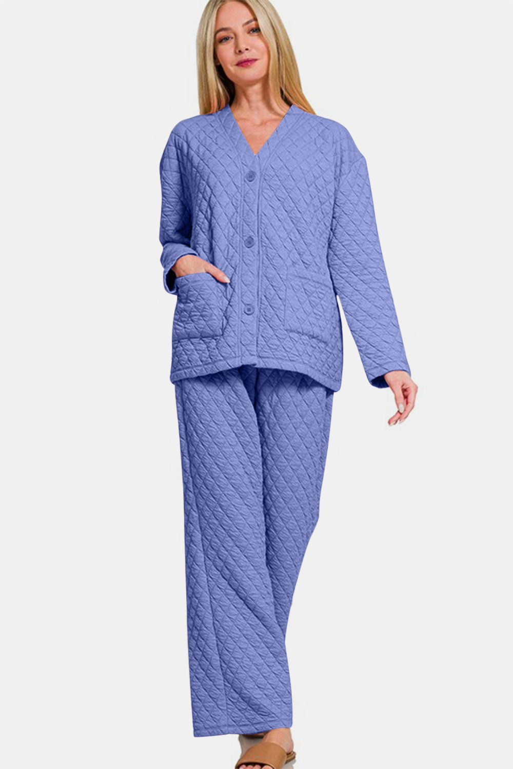 Zenana Quilted Button Up Long Sleeve Top and Pants Lounge Set-TOPS / DRESSES-[Adult]-[Female]-2022 Online Blue Zone Planet