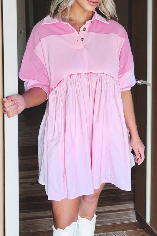 Pink Raw Seam Color Block Patchwork Button Polo Collar Mini Dress-TOPS / DRESSES-[Adult]-[Female]-Pink-S-2022 Online Blue Zone Planet