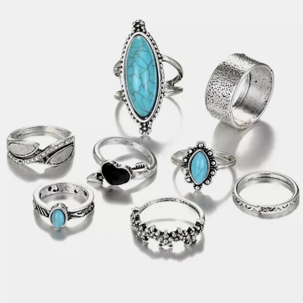 Turquoise Alloy 8-Piece Ring Set-RINGS-[Adult]-[Female]-Silver-One Size-2022 Online Blue Zone Planet