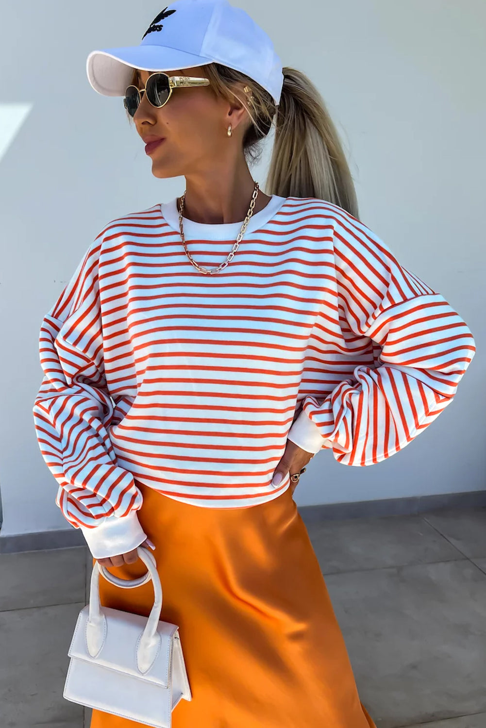 Orange Stripe Drop Shoulder Crew Neck Loose Sweatshirt-Tops/Sweatshirts & Hoodies-[Adult]-[Female]-2022 Online Blue Zone Planet