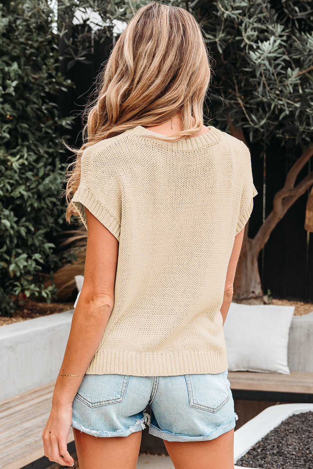 Parchment Bowknot Applique Cap Sleeve Sweater-Sweaters & Cardigans/Short Sleeve Sweaters-[Adult]-[Female]-2022 Online Blue Zone Planet