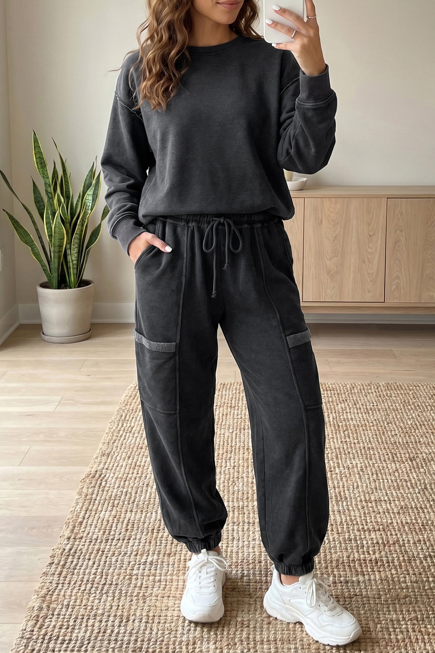 Carbon Grey Solid Colorblock Jogger Pants Set-Two Piece Sets/Pant Sets-[Adult]-[Female]-Carbon Grey-S-2022 Online Blue Zone Planet