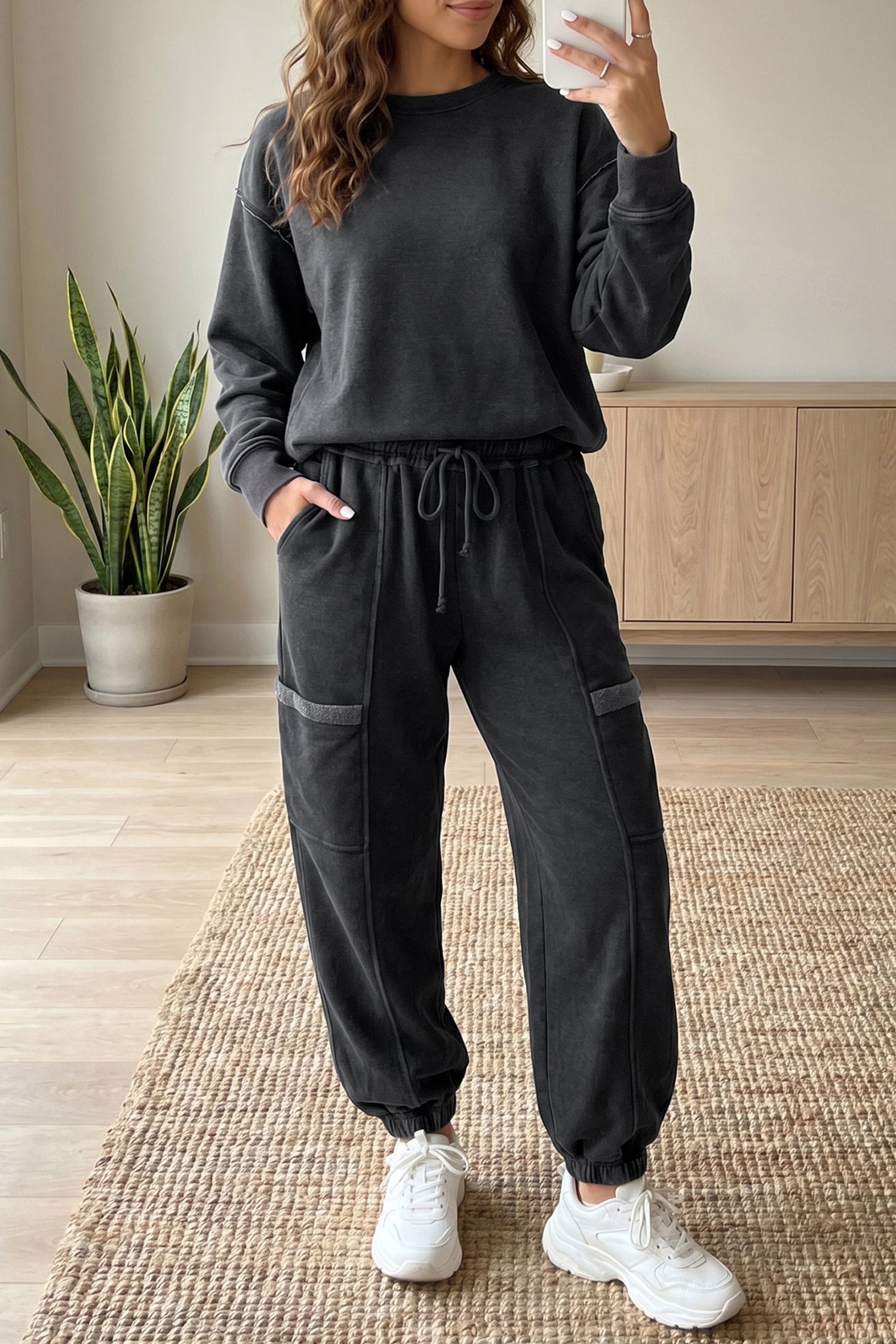 Carbon Grey Solid Colorblock Jogger Pants Set-Two Piece Sets/Pant Sets-[Adult]-[Female]-Carbon Grey-S-2022 Online Blue Zone Planet
